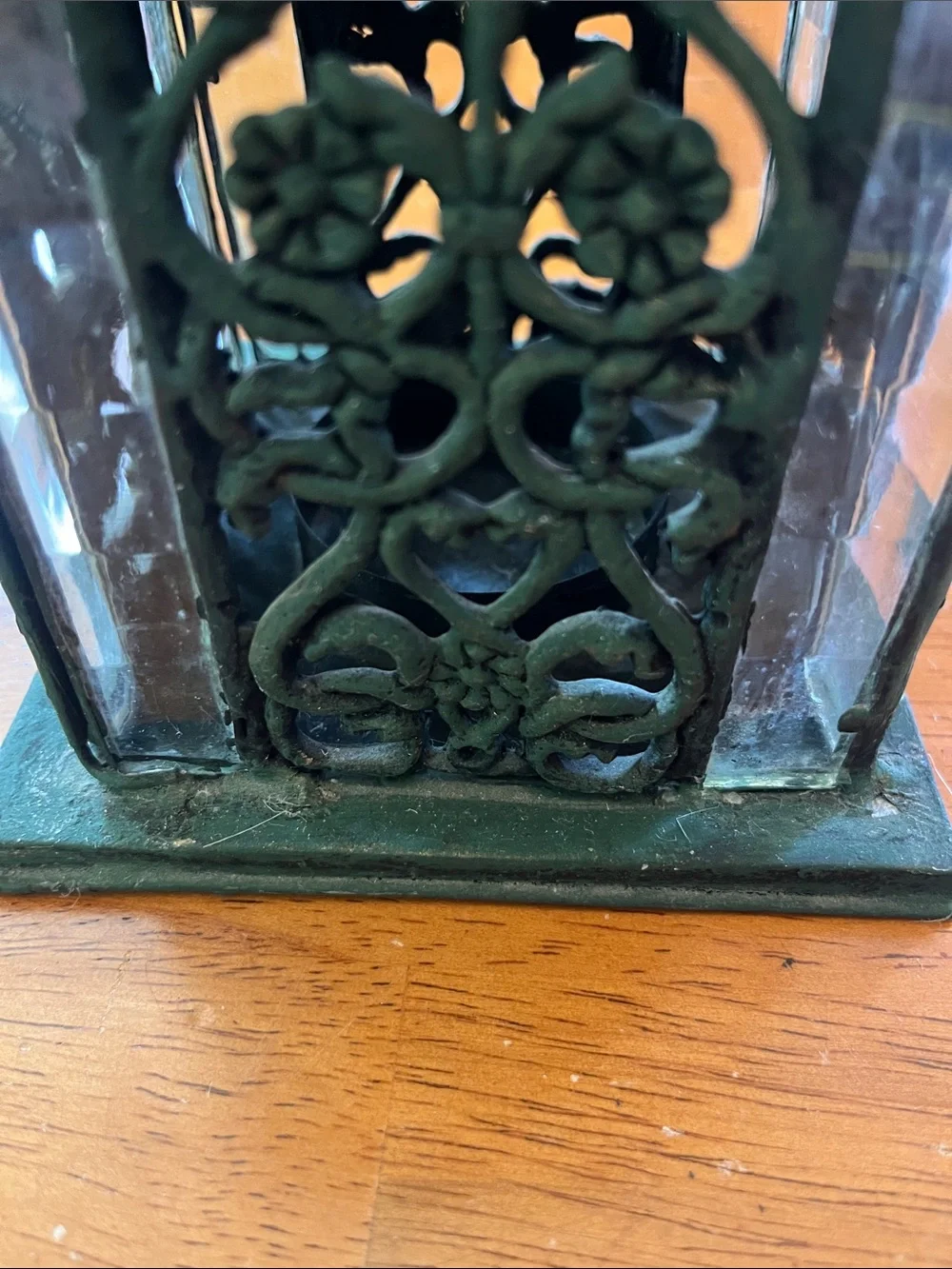 Green Decorative Metal and Glass Cathedral style tea light Lantern
